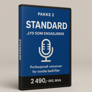 DVD-cover for norsk voiceover standardpakke i blått design med mikrofonikon og pris