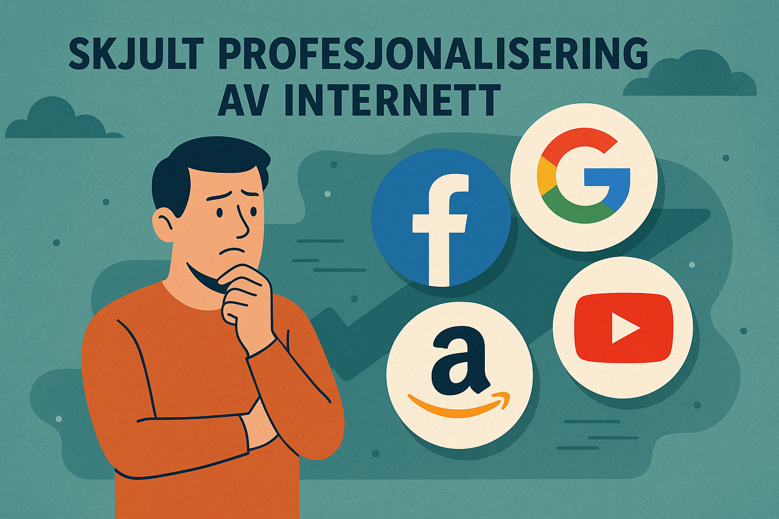 Mann ser bekymret på logoene til Facebook, Google, Amazon og YouTube – illustrasjon som symboliserer profesjonaliseringen av internett og maktkonsentrasjon hos store aktører.