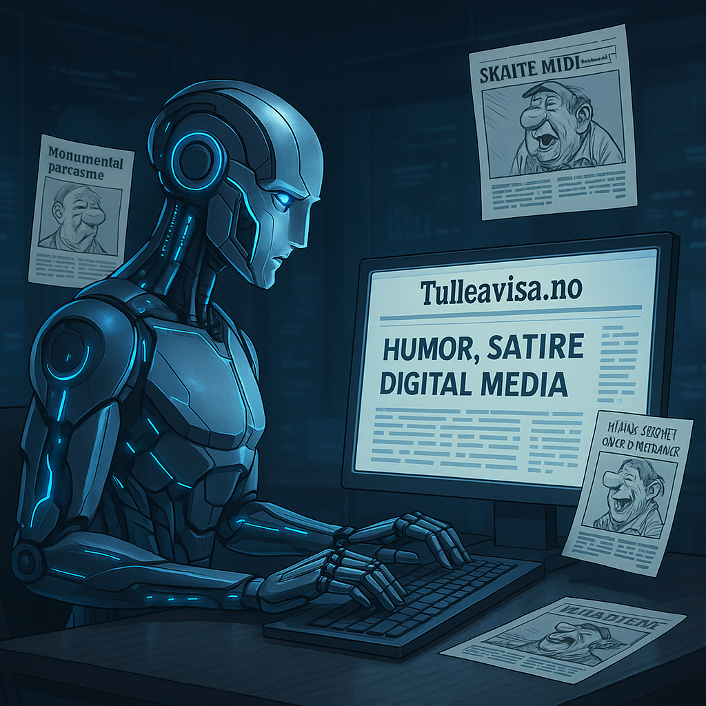 Futuristisk AI-robot som skriver artikler for Tulleavisa.no i et høyteknologisk kontor med humoristisk satirisk innhold på skjermene.