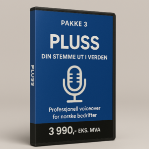 DVD-cover for norsk voiceover pluss-pakke med blå design, mikrofonikon og produktnavn