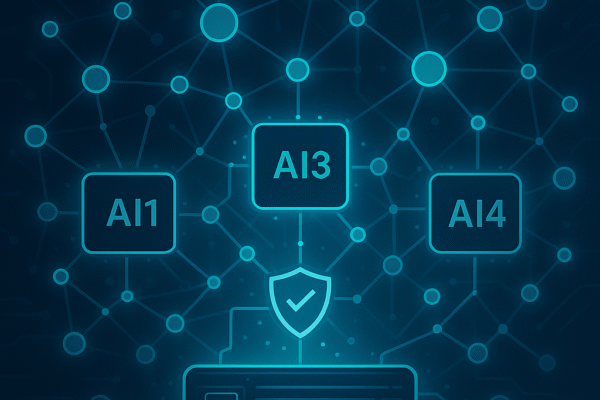 Diagram of AI1, AI3, and AI4 modules validating secure decision chains in a decentralized AI governance protocol