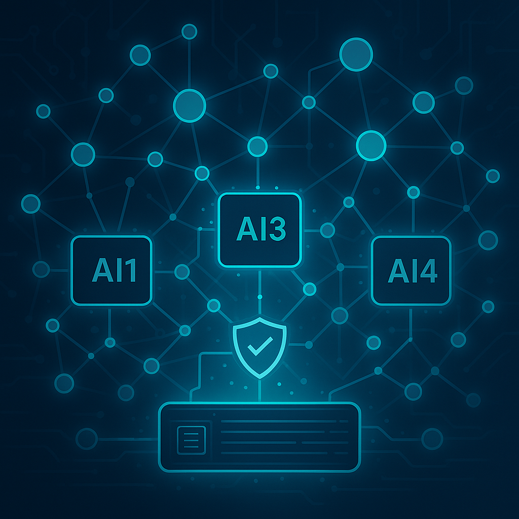Diagram of AI1, AI3, and AI4 modules validating secure decision chains in a decentralized AI governance protocol