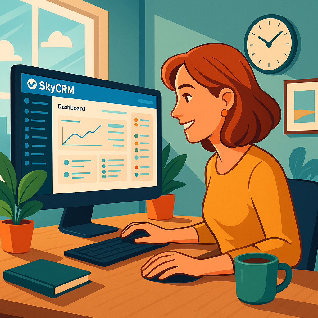 Kvinne i moderne kontor bruker SkyCRM på skjerm for en effektiv arbeidsdag.